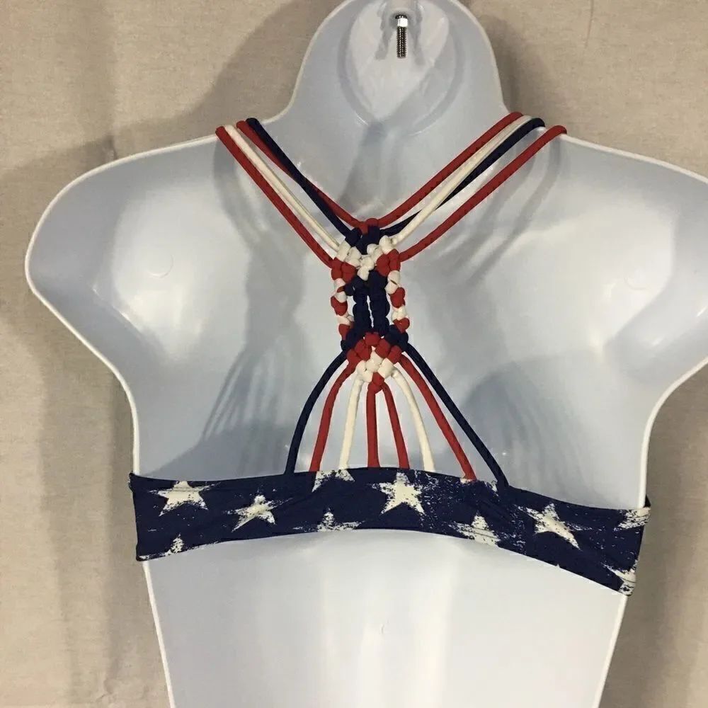 Red white blue bikini top ruffle front Small macrame back removable padding - Picture 2 of 5